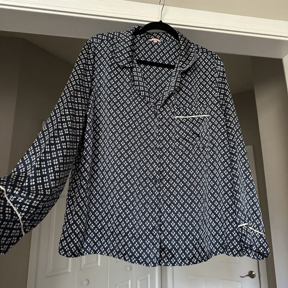 Eberjey Inez Washable Silk Printed Long PJ Pajama Top Size M Navy - Picture 2 of 11